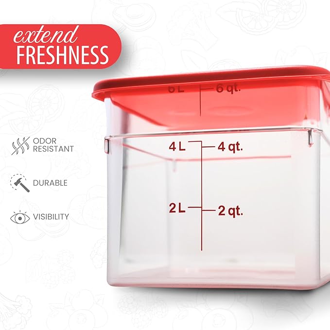 Cambro Food Storage Container with Lid (2 Pack) - Classic Series Square with Red Lid - 6 QT (Quart) - Commercial Grade for Food Prep (Clear)