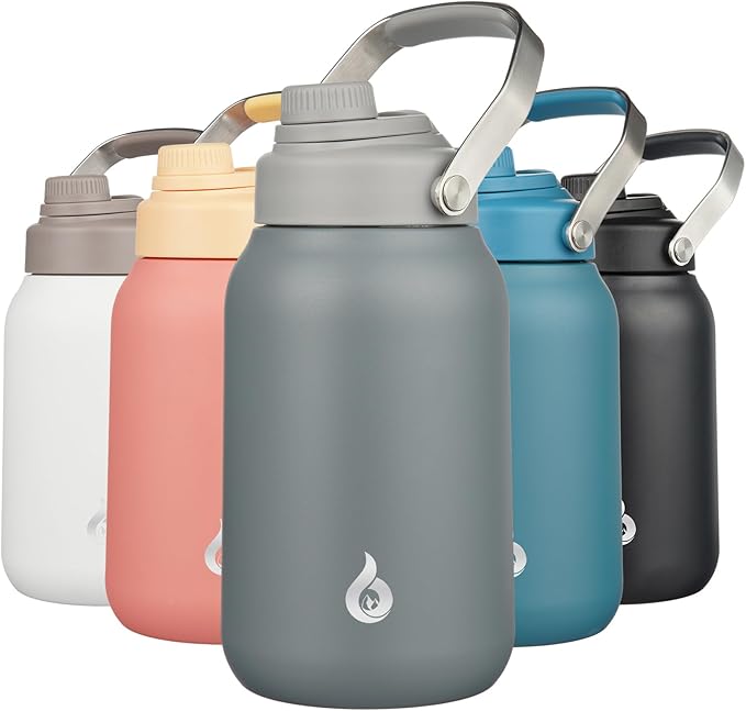 BJPKPK Half Gallon Insulated Water Bottles, 64oz Water Jug with Metal Handle & BPA Free Spout Lid, Dishwasher Safe Thermo, Large Stainless Steel Gym Sport Jugs, Grey
