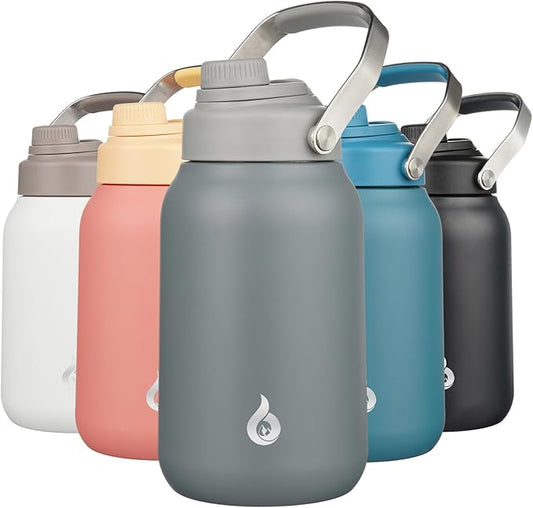 BJPKPK Half Gallon Insulated Water Bottles, 64oz Water Jug with Metal Handle & BPA Free Spout Lid, Dishwasher Safe Thermo, Large Stainless Steel Gym Sport Jugs, Grey