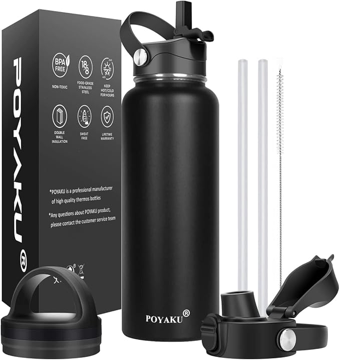 Water Bottle Insulated 32oz 40oz 64oz 128oz Straw Lid Spout Lid & 3 Lids, Leak Proof, Vacuum Insulated,Stainless Steel Water Bottle Wide Mouth for Sports, Gym or Office