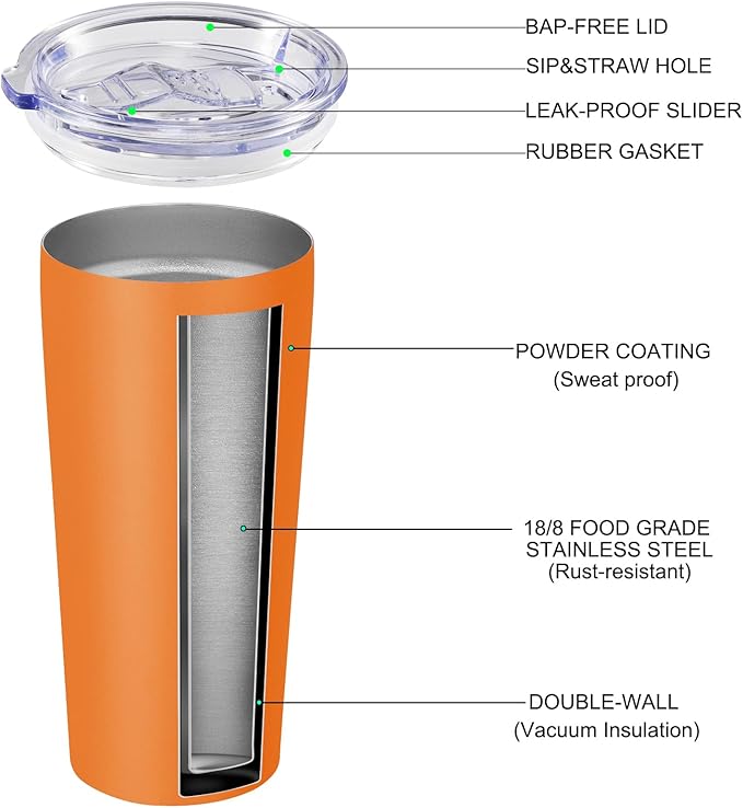 VEGOND 20oz Tumbler Stainless Steel Tumbler with Lid And Straw Vacuum Insulated Double Wall Travel Coffee Mug(orange package 12)
