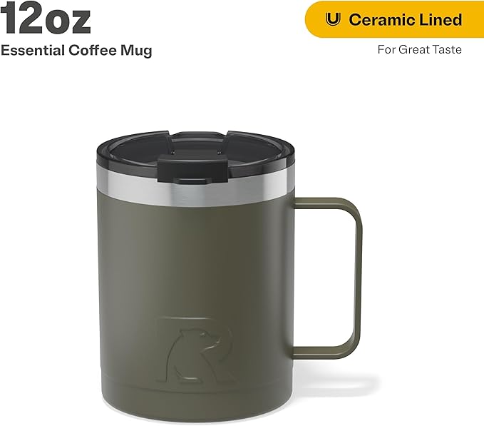 RTIC 12oz Essential Coffee Mug with Lid and Handle, Insulated, Ceramic Lined, Stainless Steel, Metal, Double Wall Vacuum-Insulation, Portable, Travel Cup for Hot and Cold Drink, Olive