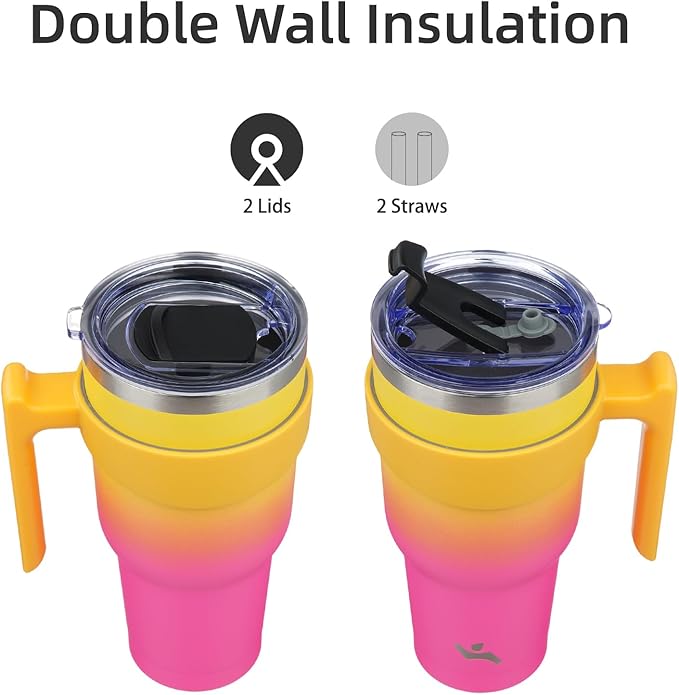 40 oz Tumbler with Handle and 2 Straw 2 Lid, Insulated Water Bottle Stainless Steel Vacuum Cup Reusable Travel Mug,Rainbow