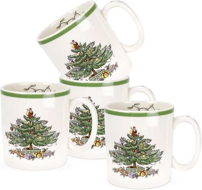 Spode Christmas Tree Mugs Set of 4 – Iconic Tree Pattern, Holiday Beverage Mugs with 9 oz Capacity – Dishwasher Safe, Festive Hot-Drink Cups in Durable Stoneware for Cocoa, Tea & Coffee