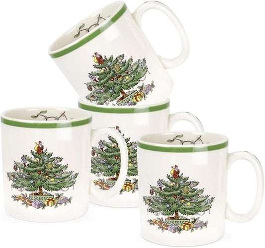 Spode Christmas Tree Mugs Set of 4 – Iconic Tree Pattern, Holiday Beverage Mugs with 9 oz Capacity – Dishwasher Safe, Festive Hot-Drink Cups in Durable Stoneware for Cocoa, Tea & Coffee