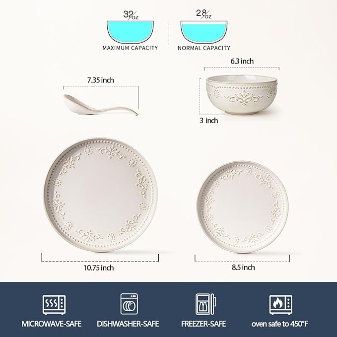 Artena Plates And Bowls Sets, 16 Pieces Dinnerware Sets, Dish Set For 4, Ceramic Kitchen Bowl And Plate Set, Embossed White Dishware Sets, Dishwasher & Microwave Safe (Damask Floral)