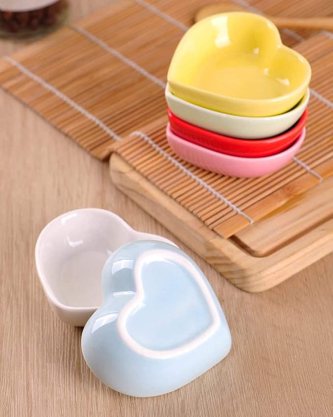 WHJY White Love Heart Shaped Ceramic Side Dish Bowl, Contemporary Porcelain Side Dishes Bowl, Seasoning Dishes Soy Dipping Sauce Dishes for Wedding Birthday Party- Set of 6