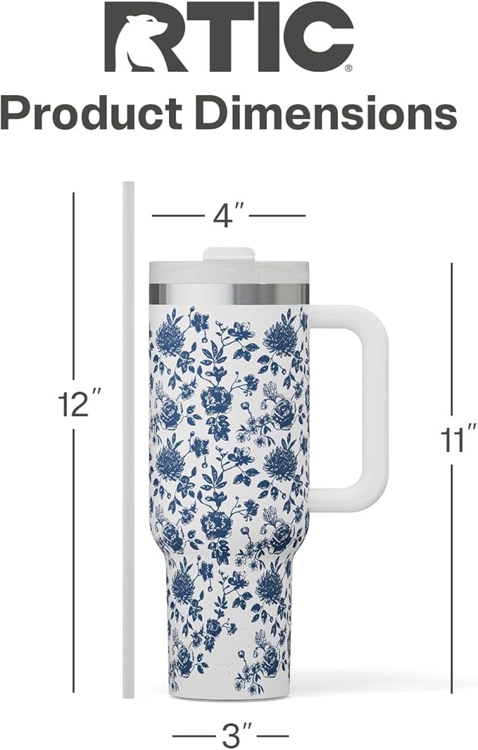 RTIC 40 oz Road Trip Tumbler Double-Walled Cermaic Lined Insulated Stainless Steel Portable Travel Coffee Mug Cup with Lid, Handle and Straw, Blue Bouquet
