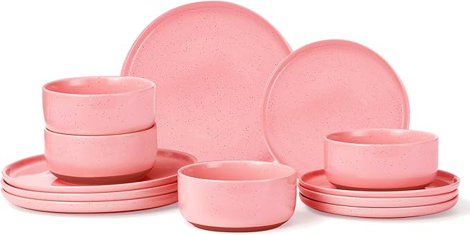 GZG Modern Art Series - 12 Pcs Speckled Stoneware Plates and Bowls Sets, Ceramic Dinnerware Set with Rustic Terracotta Underside, Microwave and Dishwasher Safe Handcrafted Dishes Set - Blush Pink