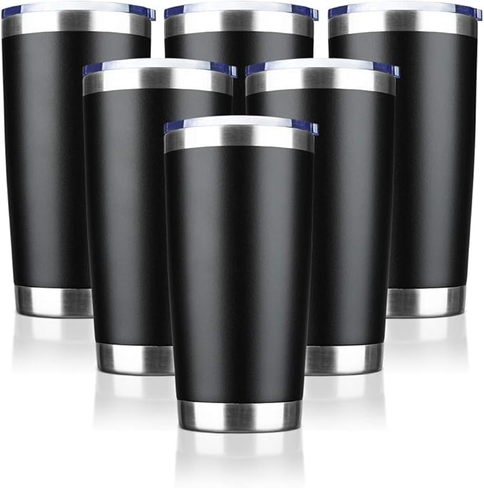 20oz Tumbler Bulk Stainless Steel Vacuum Insulated Tumblers with Lid Double Wall Travel Mug Durable Powder Coated Coffee Cup, Suitable for Ice Drinks and Hot Beverage (Black 6pack)