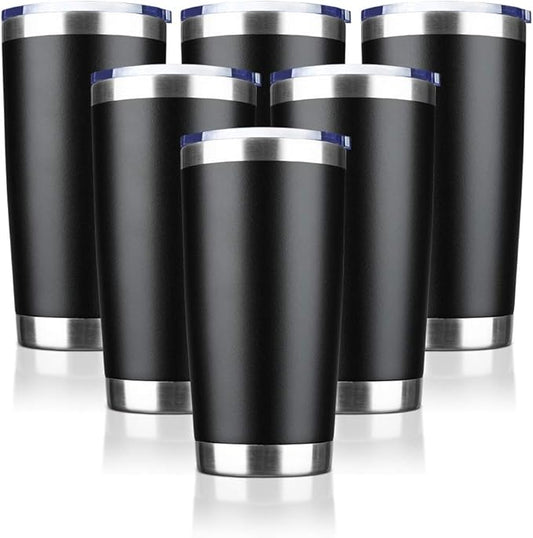 20oz Tumbler Bulk Stainless Steel Vacuum Insulated Tumblers with Lid Double Wall Travel Mug Durable Powder Coated Coffee Cup, Suitable for Ice Drinks and Hot Beverage (Black 6pack)