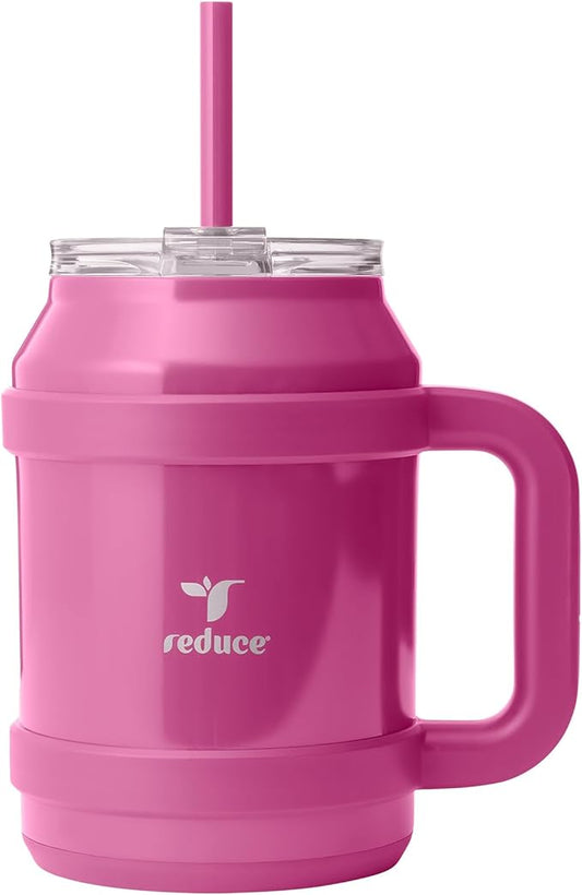 REDUCE Reusable 50 oz Cold1 Water Tumbler – Ergonomic Handle – Double-Wall Insulation – Sturdy Desktop/Tabletop Mug with Lid and Straw – BPA-Free – Stainless Steel for Gym, Home, or Office– Sangria