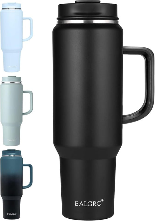 50 oz Tumbler with Handle, Insulated Tumblers with Lid and Straw, Large Metal Sports Water Bottle Jug, Thermal Stainless Steel Travel Coffee Mug Cup, Black