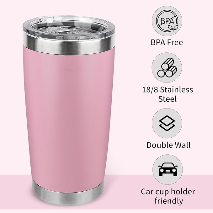 20oz Stainless Steel Tumbler with Lid, Travel Mug - Double Wall Vacuum Powder Coated Cup - Light Pink, 1 Pack
