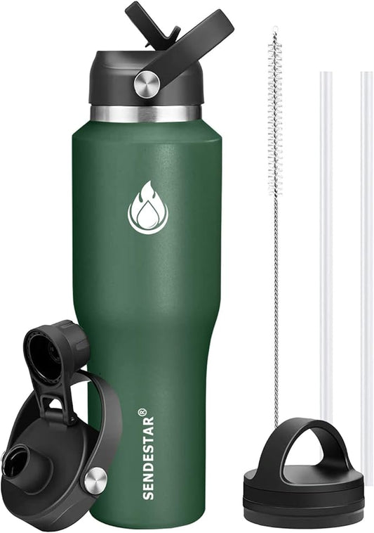 SENDESTAR 40oz Water Bottle Wide Mouth Stainless Steel Vacuum Insulated Double Wall with 2 Straw Lids Fit in Any Car Cup Holder TXIN-40-Dark Green