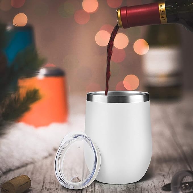 MEWAY Stemless 12 OZ Wine Tumbler Glasses with Lid -Insulated Double Wall Vacuum Stainless Steel Travel Tumbler with Straw,for Woman Under 10 dollars (White,1)