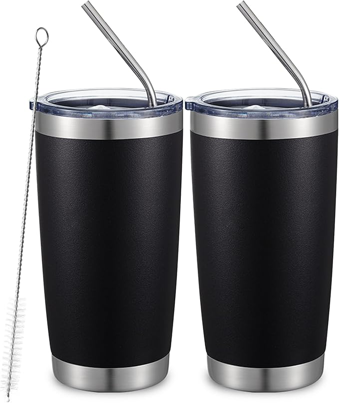 COMOOO 20oz Double Wall Vacuum Insulated Travel Mug, Stainless Steel Tumbler with Lid and Straw Durable Powder Coated Insulated Coffee Cup for Cold & Hot Drinks (Black. 2 pack