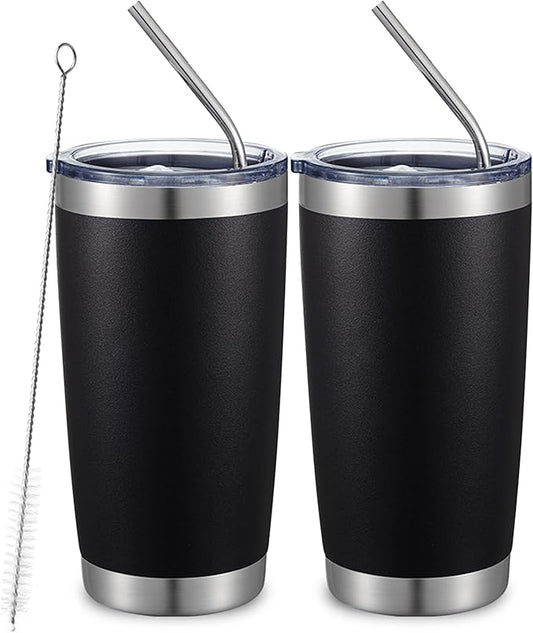 COMOOO 20oz Double Wall Vacuum Insulated Travel Mug, Stainless Steel Tumbler with Lid and Straw Durable Powder Coated Insulated Coffee Cup for Cold & Hot Drinks (Black. 2 pack