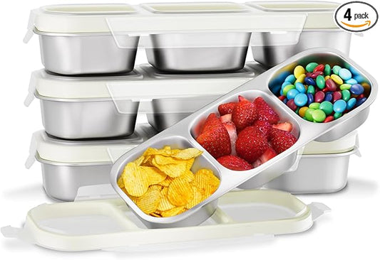 Stainless Steel Snack Containers for Kids Adults, 4 Pack 3 Compartment Metal Snack Containers Box with Lid, Reusable Food Storage Container, Leak Proof, Grab and Go
