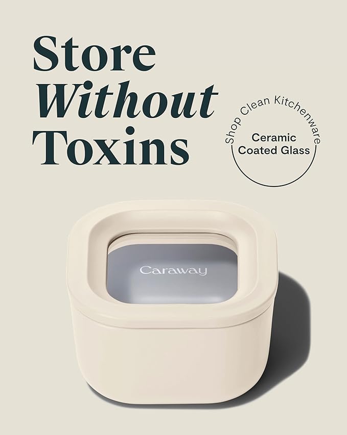 Caraway 2pc Glass Food Storage Set - 1.75 Cup Food Containers (2) - Non-Toxic Ceramic-Coated Glass - Air Release Technology - Compact & Stackable Design - Cream