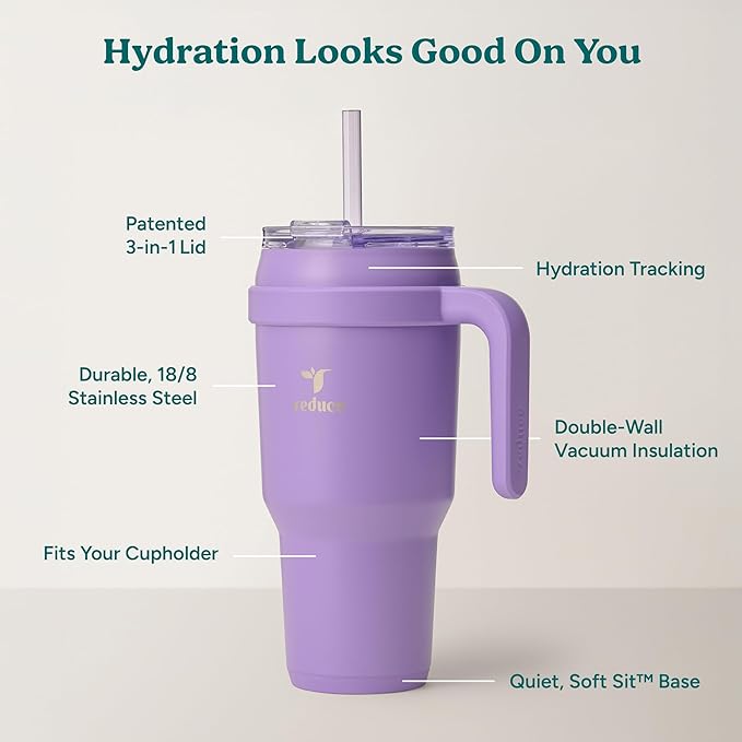 Reduce 40 oz Stainless Steel Tumbler with Handle - Dual-Wall Vacuum Insulated Travel Mug, Sweat-Proof Lid & Reusable Straw - Keeps Drinks Cold for 24 Hrs, Fits Cupholders, Dishwasher Safe-Purple Punch