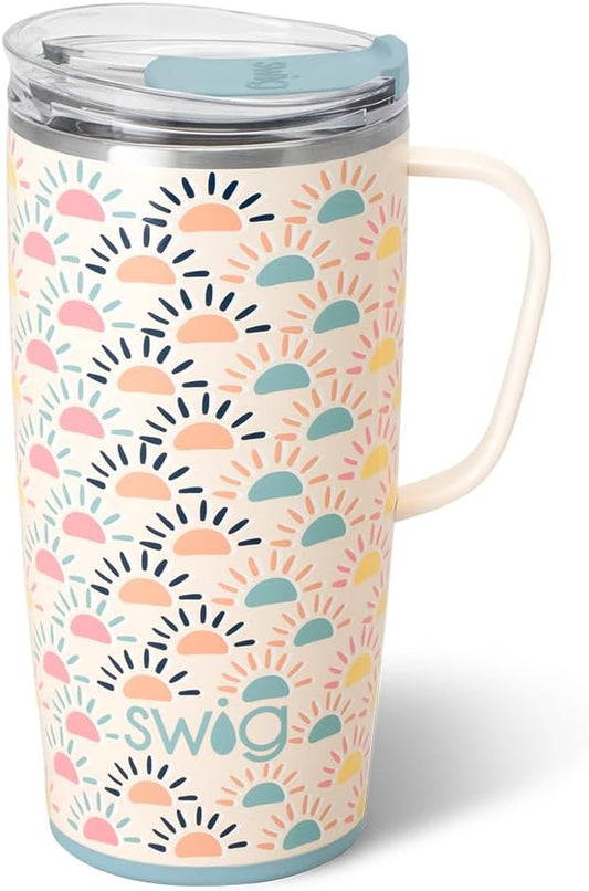 Swig Life 22oz Travel Mug, Insulated Tumbler with Handle and Lid, Cup Holder Friendly, Dishwasher Safe, Stainless Steel, Travel Coffee Cup, Insulated Mug with Lid (Sun Chaser)
