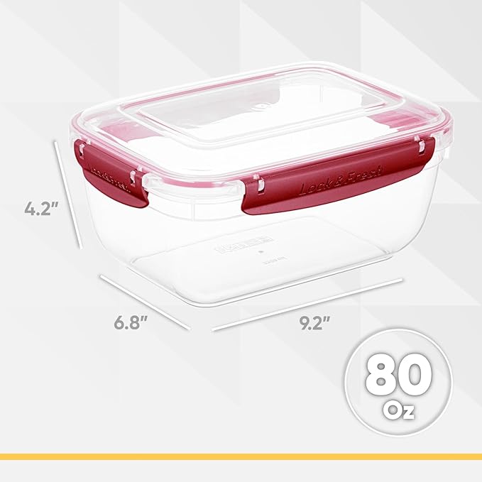 Superio Plastic Food Storage Container with Airtight Lid- 80 Oz, BPA Free, Leakproof, Stackable, Microwave, Dishwasher and Freezer Safe, Red