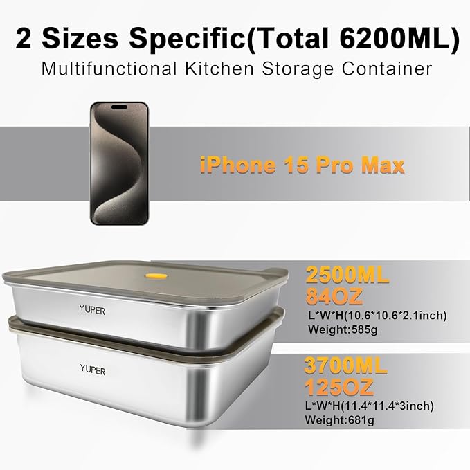 YUPER Stainless Steel Food Containers, Meal Prep Containers, Bacon Cheese Container for Refrigerator, Stainless Steel Containers with Lids Fruit Lunch Storage, 2 Pack (84+125OZ)
