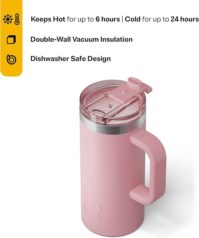 RTIC 16oz Road Trip Travel Mug with Lid and Handle, Ceramic Lined, Insulated, Stainless Steel, Metal, Double Wall Vacuum-Insulation, Portable Coffee, Tea Cup for Hot and Cold Drink, Dusty Rose