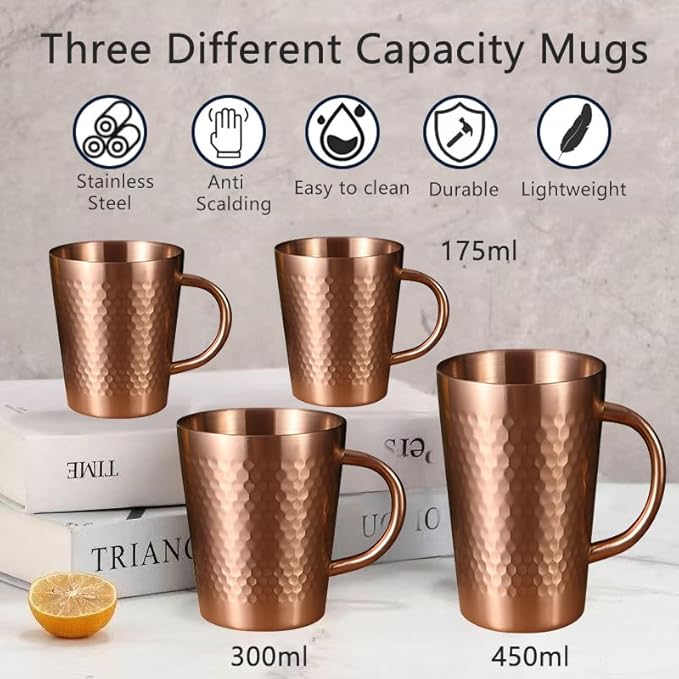 YJX 10oz Coffee Mugs Set of 4, Hammered 304 Stainless Steel Double Mug for Gifts, Lightweight Copper Teacups with Handle, Cups for Tea, Cold Drinks, Beer, Wine, Bars, Parties(300ml)
