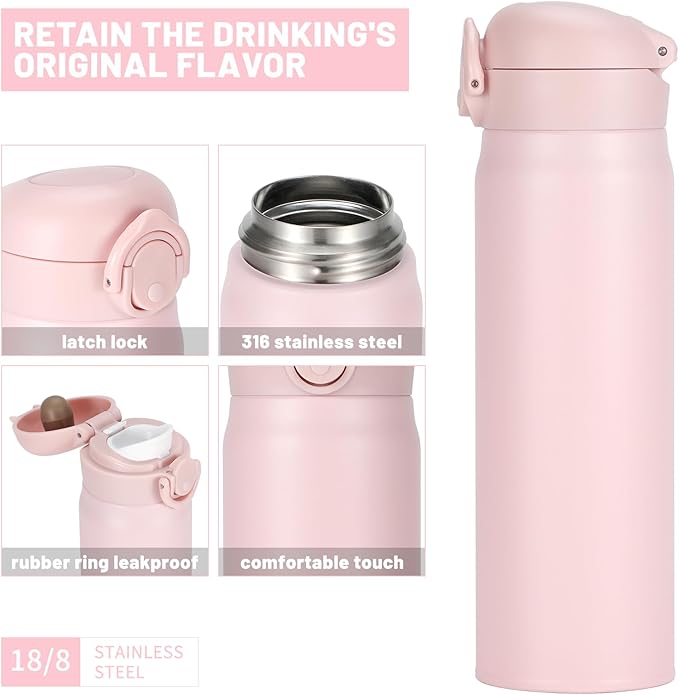 17 oz / 500 ml Insulated Water Bottle, Stainless Steel Thermo Coffee Travel Mug, Thermal Cup with Snap Flip Lid, BPA Free for Hot and Cold Drinking, Pink