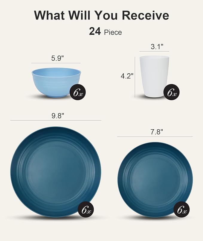 Quatish 24 Piece Plates and Bowls Sets for 6, Unbreakable Dinnerware Sets, Plastic Dish Set for Camping, Dishwasher Microwave Safe, Outdoor Kitchen and Apartment Dinning RV Essentials, Blue
