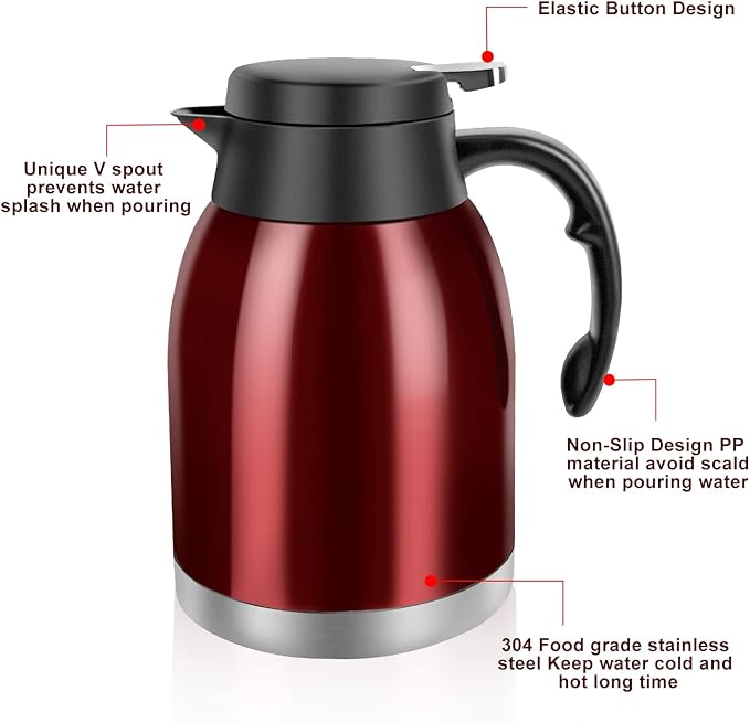54oz Thermal Coffee Carafe, Stainless Steel Insulated Thermal, Double Wall Vacuum Flask, Small Coffee Carafe for Keeping Hot or Cold Drinks, Coffee, Tea (Bright Red)