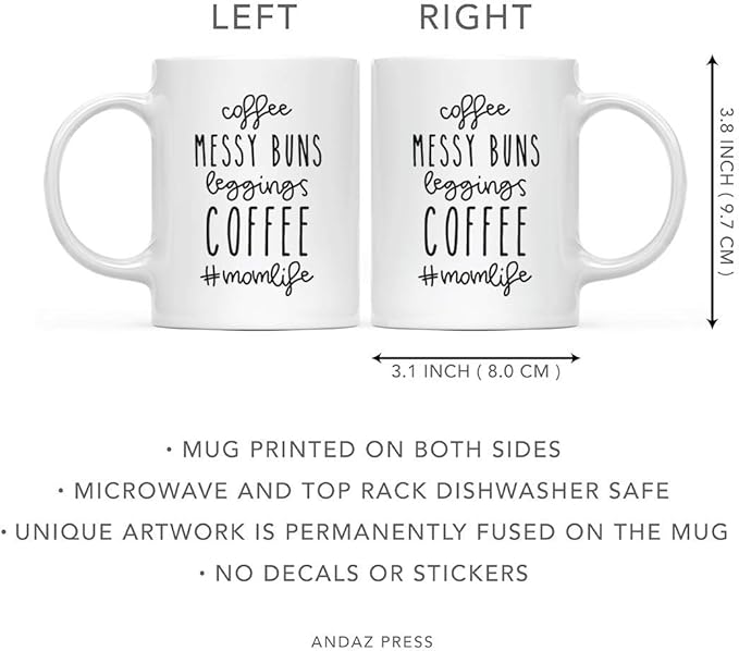 Andaz Press Mother's Day 11oz. Ceramic Coffee Tea Mug Gift for Mom, Coffee Messy Bun Leggings Coffee #MomLife, 1-Pack, Birthday Christmas Gift Ideas