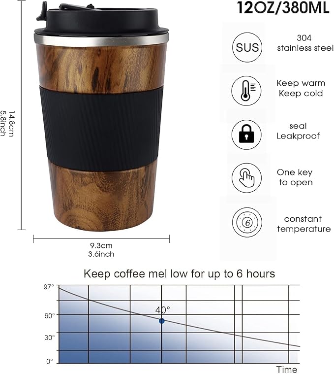 KETIEE Travel Mug, 12oz Insulated Coffee Cup with Leakproof Lid, Vacuum Stainless Steel Double-Wall Travel Coffee Mug Spill Proof, Reusable Tumbler for Men and Women for Hot & Cold Drinks