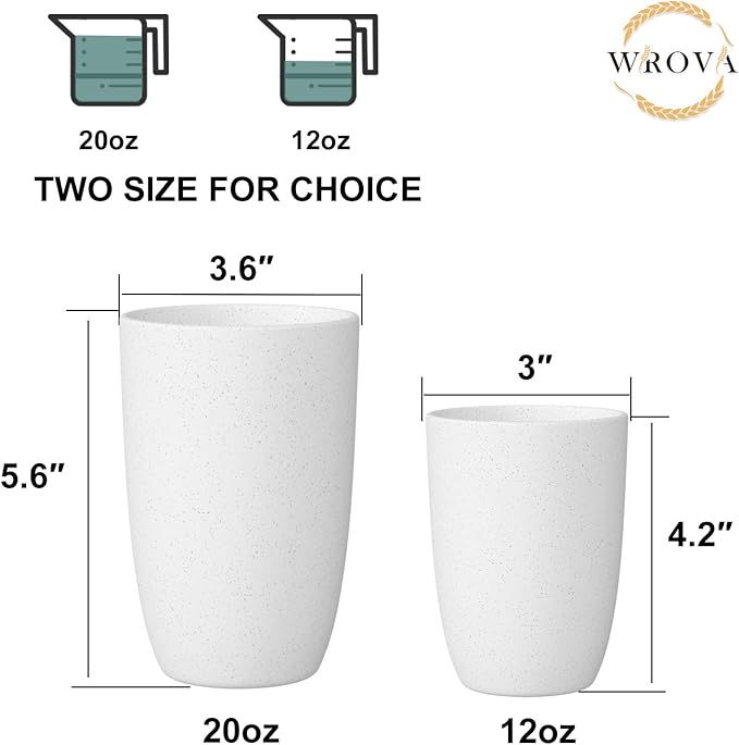 Wrova Wheat Straw Cups 6 Set of 6 Good Alternative to Plastic Reusable Cups 20 oz Unbreakable Drinking Cup Reusable Dishwasher Safe Water Plastic Glasses - White