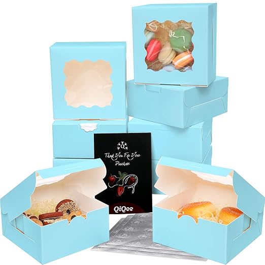 Bakepacker 60pcs Light Blue Bakery Boxes with Window 6x6x3 inches Thick & Sturdy Macaroon Pastry & Cookie Boxes