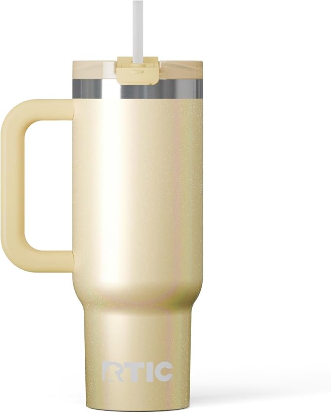 RTIC 30 oz Road Trip Tumbler Double-Walled Ceramic Lined InsulatedStainless Steel Portable Travel Coffee Mug Cup with Lid, Handle and Straw, Sunlight Glitter