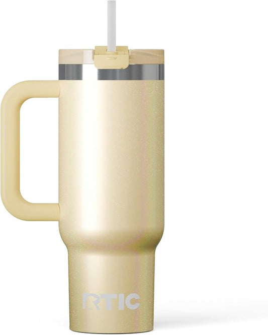 RTIC 30 oz Road Trip Tumbler Double-Walled Ceramic Lined InsulatedStainless Steel Portable Travel Coffee Mug Cup with Lid, Handle and Straw, Sunlight Glitter