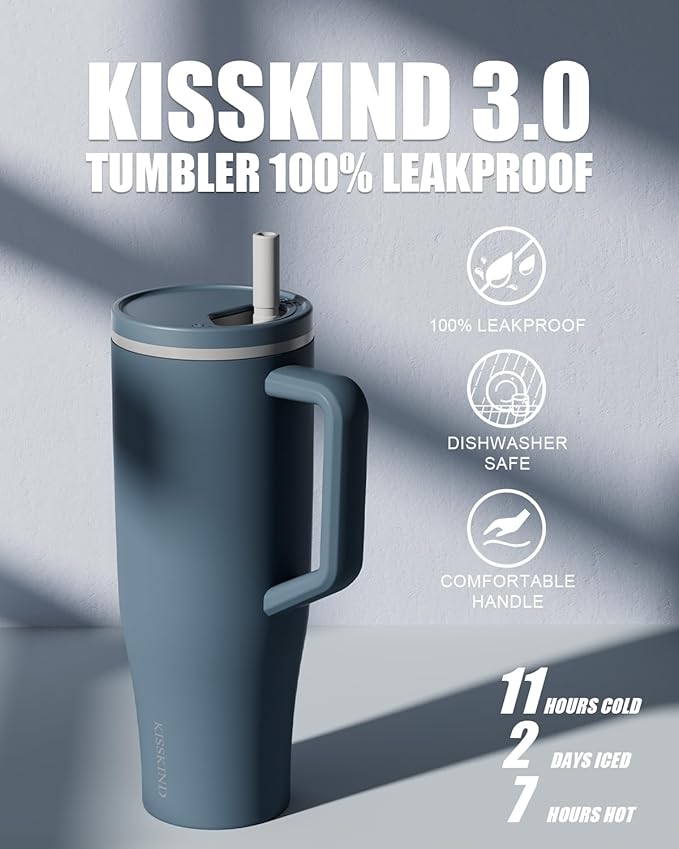KISSKIND 40 oz Tumbler with Handle and Straw | Lumi Spin Hidden Straw 100% Leakproof Insulated Tumbler | Stainless Steel Water Bottle for Mom, Nurse, Teacher | Gray