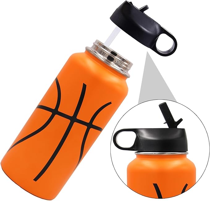 32 oz Basketball Water Bottle, Metal Thermo Travel Tumbler Sports Flask with 2 Lids, Stainless Steel Double Wall Vacuum Insulated Leak Proof Water Bottles, Basketball Accessories Gifts for Boys Girls