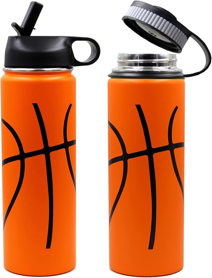 22 oz Basketball Water Bottle, Metal Thermo Travel Tumbler Sports Flask with 2 Lids, Stainless Steel Double Wall Vacuum Insulated Leak Proof Water bottles, Basketball Accessories Gifts for Boys Girls