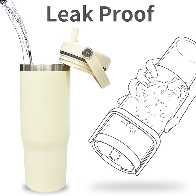 30 oz Tumbler Bulk with Top Handle, Double Wall Vacuum Insulated Tumbler with Flip Straw, Travel Coffee Mug 30oz Powder Coated Cup for Laser Engraving (Cream,4 pack)