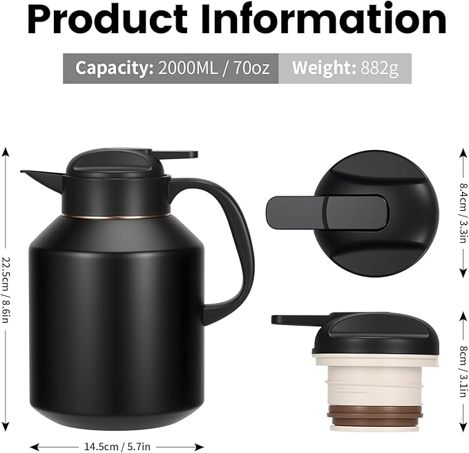 70 oz Thermal Coffee Carafe Insulated for Keeping Hot and Cold, Stainless Steel Thermal Coffee pot for Coffee, Tea, Water for Parties, Black