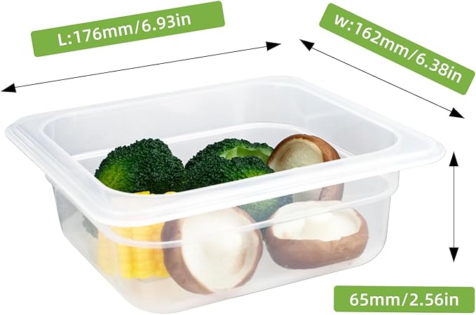 6-Pack Food Pan with Lids, 1/6 Size Food Storage Containers for homes, schools, restaurants, hotels Meal Prep, -40℉-160℉, Stackable, Freezer-Safe (1/6 size 2.5 inch deep, 1.1L/1.1QT)