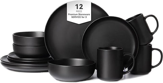 12-Piece Matte Black Dinnerware Set,Stoneware Dinnerware for 3, Microwave & Dishwasher Safe, Stackable Design for Kitchen and Dining - Plates,Bowls and Mugs