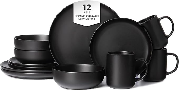 12-Piece Matte Black Dinnerware Set,Stoneware Dinnerware for 4, Microwave & Dishwasher Safe, Stackable Design for Kitchen and Dining - Plates and Bowls