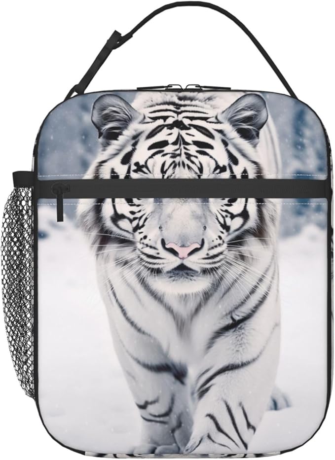 Reusable White Tiger Lunch Box for Kids, Insulated Snowy Forest Striking Blue-Eyed Tigers Bag,Polyester Cooler Animal Lovers Handbags Case for School Picnic Work Travel Beach or Hiking, Gifts