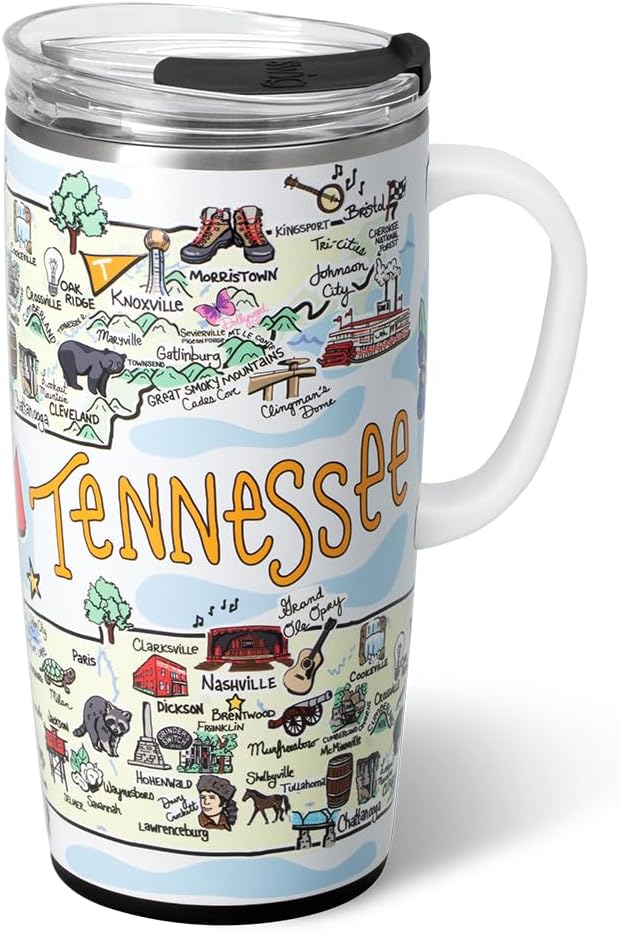 Swig Life 22oz Travel Mug, Insulated Tumbler with Handle and Lid, Travel Coffee Mug, Cup Holder Friendly, Stainless Steel 22 oz Tumbler, Reusable Insulated with Lid (Tennessee)