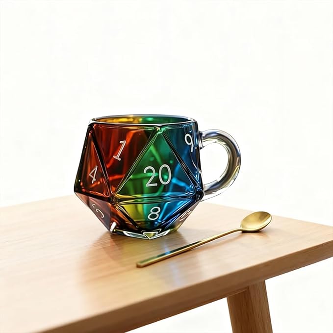 Rainbow D20 Dice Mug, Polyhedral Dice Coffee Cup with Handle, Game Mug for RPG Lovers, Game Night Mugs Gift for Fantasy Lovers